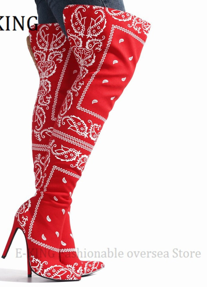 Bandana Print Women's Thigh High Over The Knee Pointed Toe Silk Boots