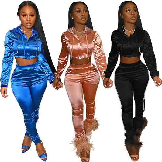 Satin Solid Women's Cropped Zipper Hoodie Jacket + Furry Ankle Pants Tracksuit