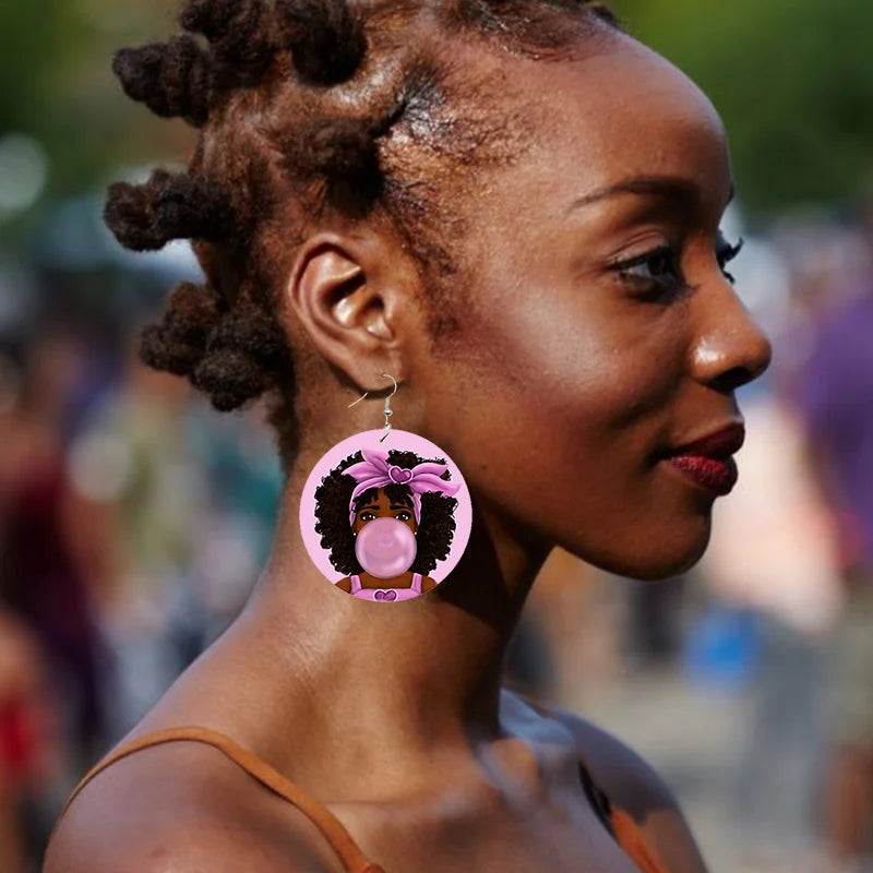 Pink Black Afro Woman Bubble Gum Print Wood Drop Earrings