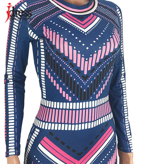 Geometric Striped Knee Length Long Sleeve Bandage Bodycon Dress