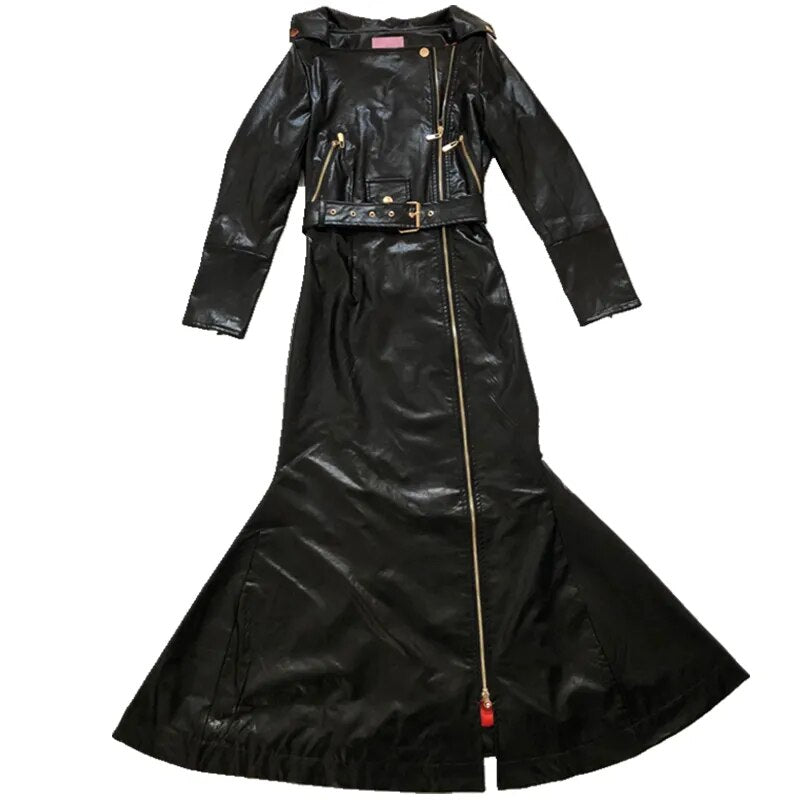 Black Faux Leather Women's Zipper Trenchcoat to 7X