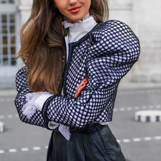 Plaid Butterfly Collar Puff Long Sleeve Ruched Short Jacket