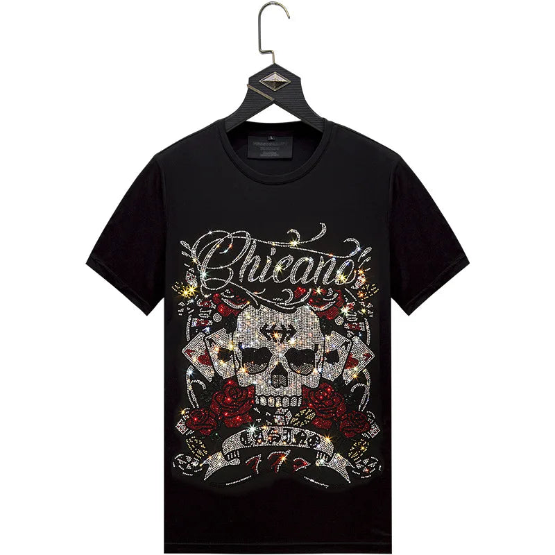 Rhinestone Men's "Chicano" Glitter Skull Playing Card Printed Short Sleeve Streetwear O-Neck Cotton T-Shirt