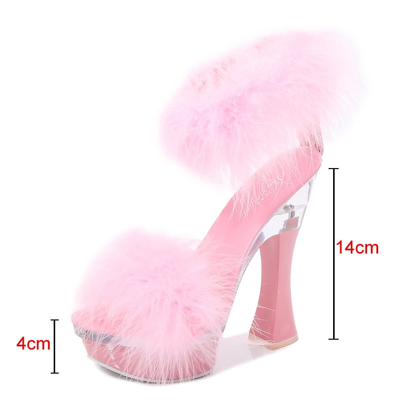 Feather Double Strap Thick Platform Open Toe Sandals