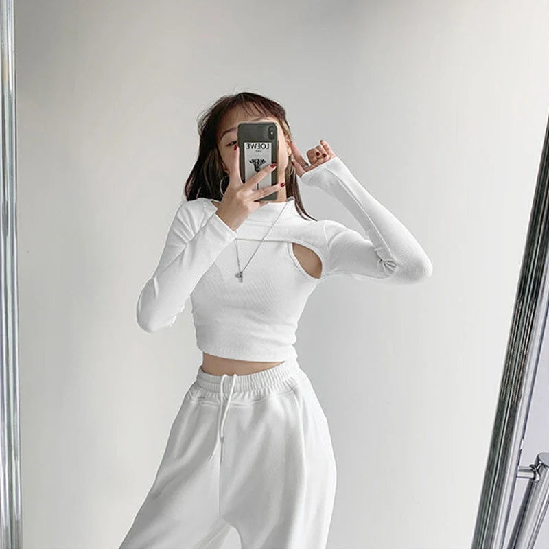 Hollow-Out Knitted Cropped Long Sleeve Women's Shirt