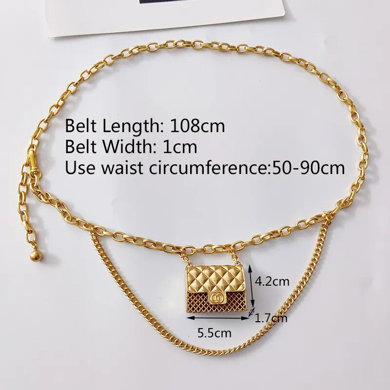 Gold/Silver Metal Mini Bag Pendant Hollow-Out Tassel Body Chain Belt