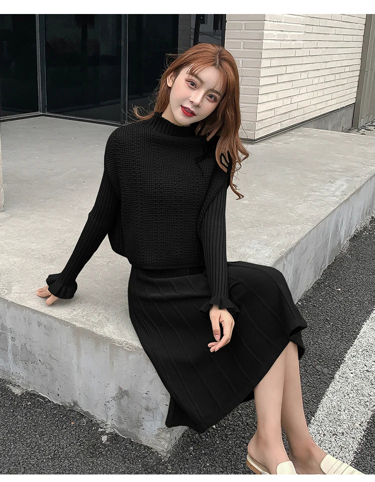 Solid Long Sleeve Pullover Sweater + Knitted Pleated Midi Skirt 2-Piece Set