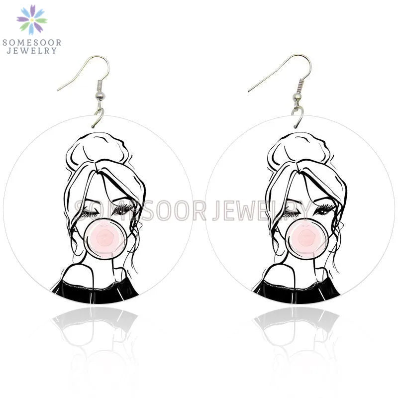 Pink Black Afro Woman Bubble Gum Print Wood Drop Earrings