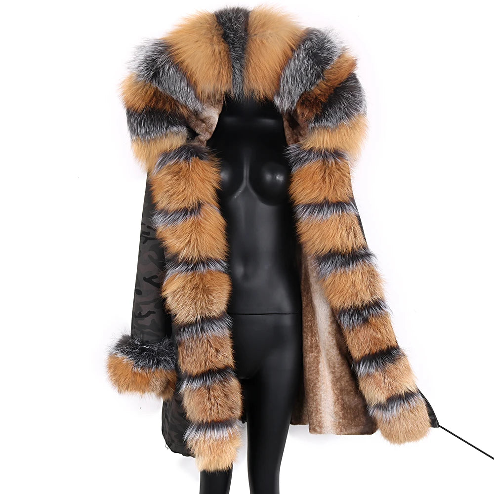 Colorblock Real Fur Oversized Collar Hip-Hop Design Women's Hooded Full Pelt Trenchcoat