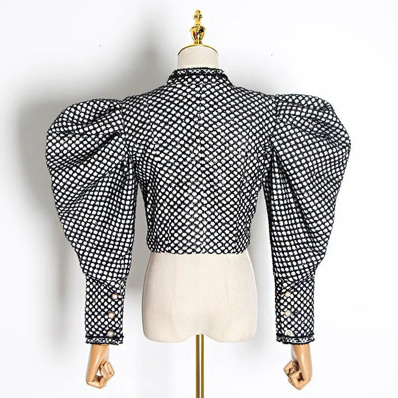 Plaid Butterfly Collar Puff Long Sleeve Ruched Short Jacket