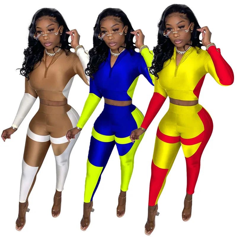 Contrast Colorblock Spliced Zipper Cropped Jacket + Bodycon Leggings Tracksuit