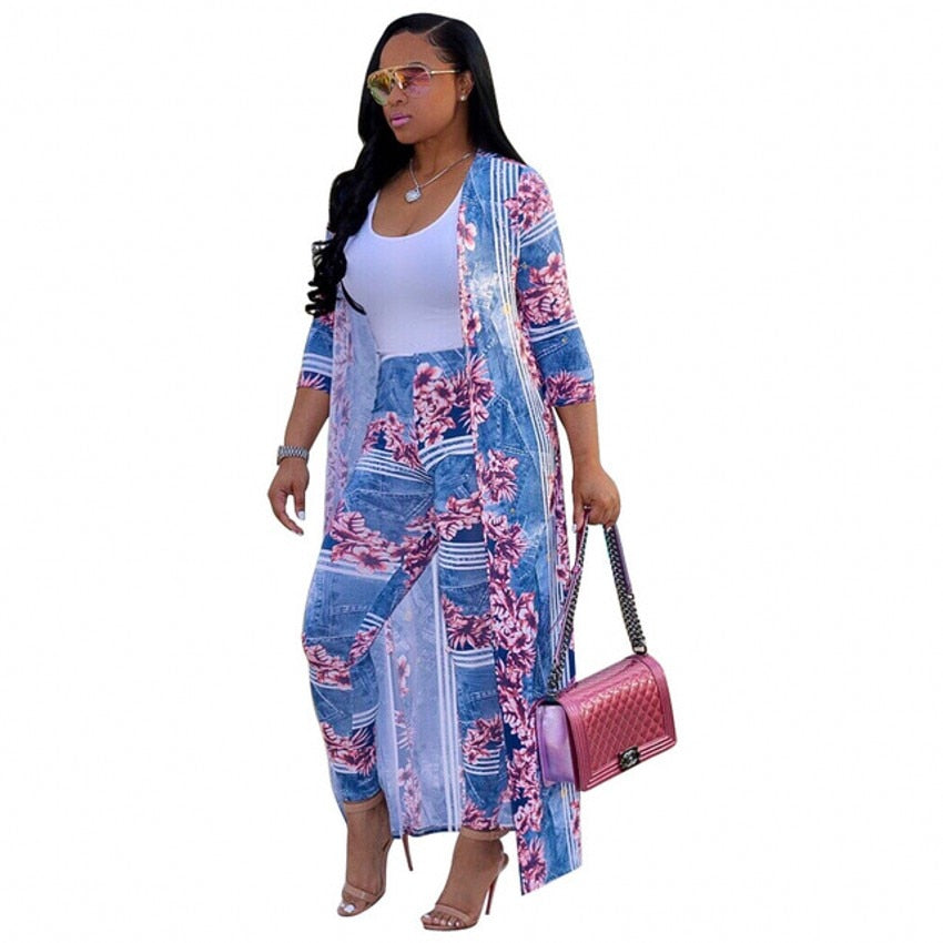 Tie Dye/Printed/Geometric Long Sleeve Maxi Jacket + Elastic Leggings Plus Size 2-Piece Set