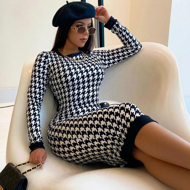 Black/White Houndstooth Print Long Sleeve Bodycon Streetwear Midi Dress