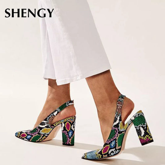 Rainbow Snake Print Slingback Mule Platform Sandal Pumps