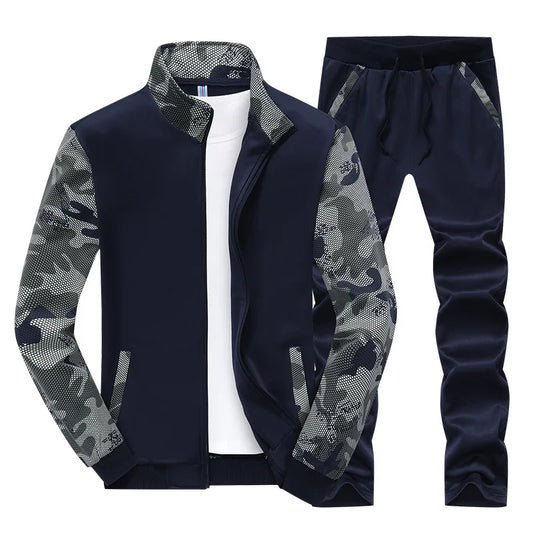 Men's Velvet Camouflage Mandarin Collar Ruched Zipper Tracksuit