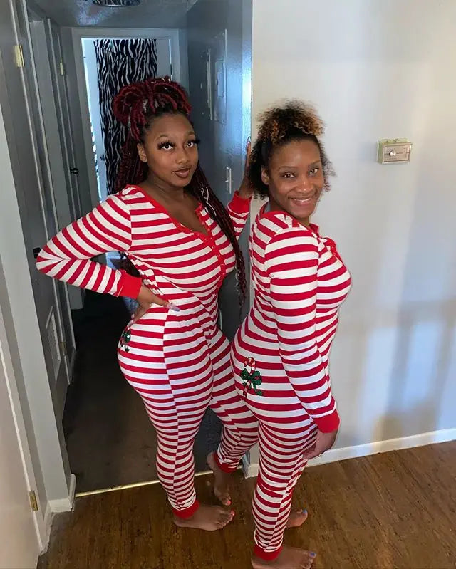 Christmas Striped Women's Long Sleeve Pajama Onesie