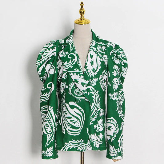 Paisley Green/White Women's Lapel Collar Puff Sleeve Blazer + High Waist Loose Pants 2-Piece Set