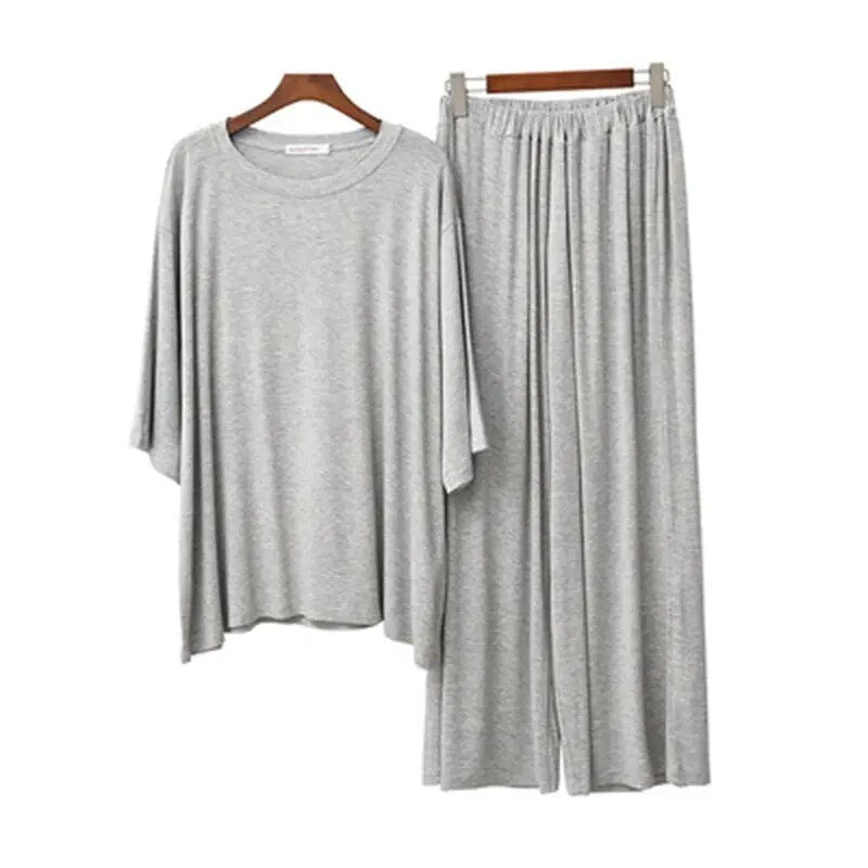 Women's Modal Pajamas Sets: Short Sleeve Top + Calf-Length Pants