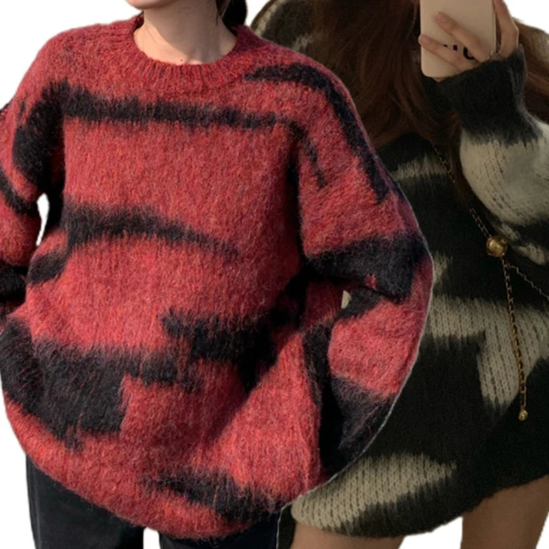 Gradient Mohair Colorblock Striped Furry Pullover Oversized Women's Sweater