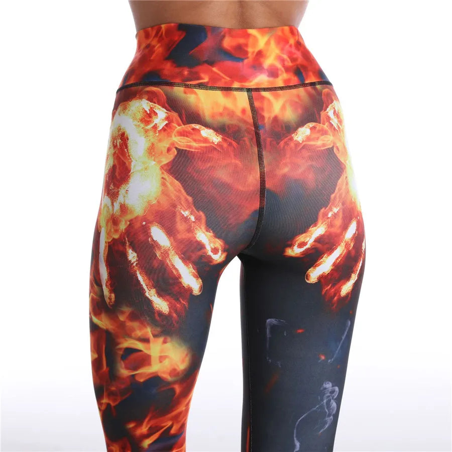 Spandex Fire Skull Fingers/Tie-Dye Print 2-Piece Workout Gym Yoga Set: Skinny Gym Crop Tops + Seamless Push Up Leggings