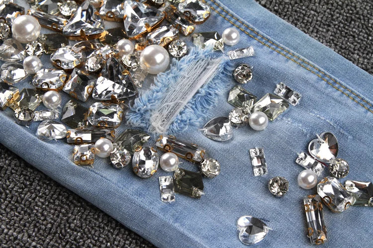 Embellished Women's Beaded Rhinestone Diamond Denim Holey Skinny Pencil Jeans