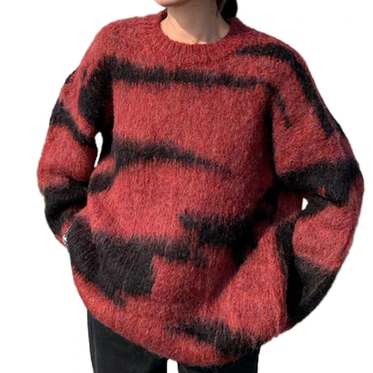 Gradient Mohair Colorblock Striped Furry Pullover Oversized Women's Sweater