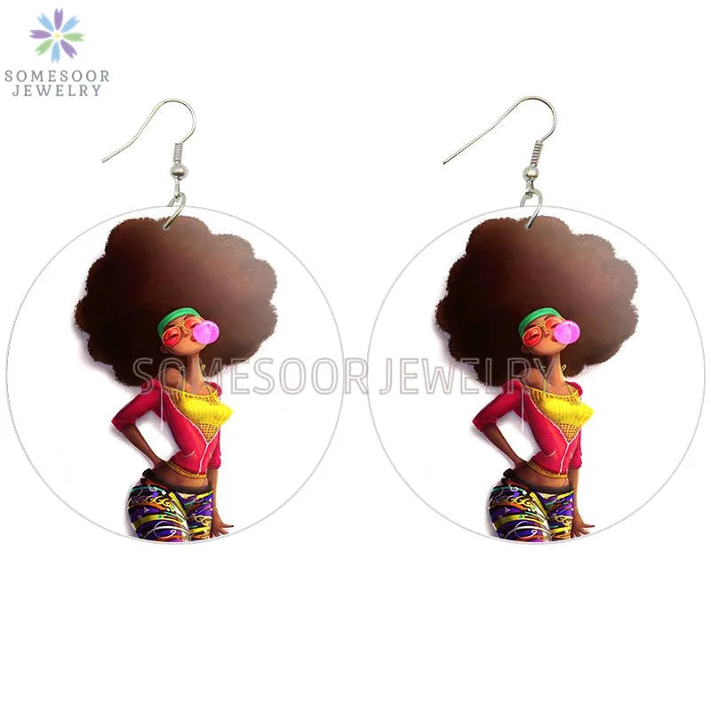 Pink Black Afro Woman Bubble Gum Print Wood Drop Earrings