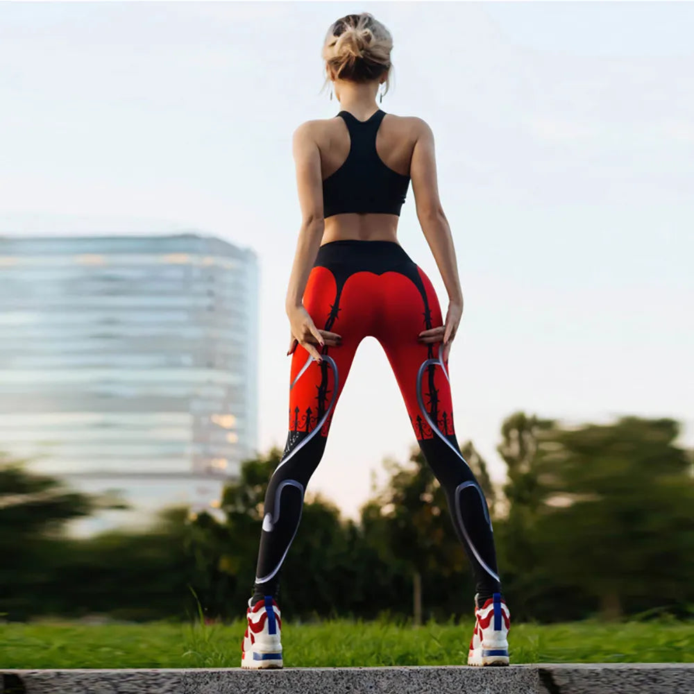 Heart Shape Digital Print Patchwork Fitness Leggings