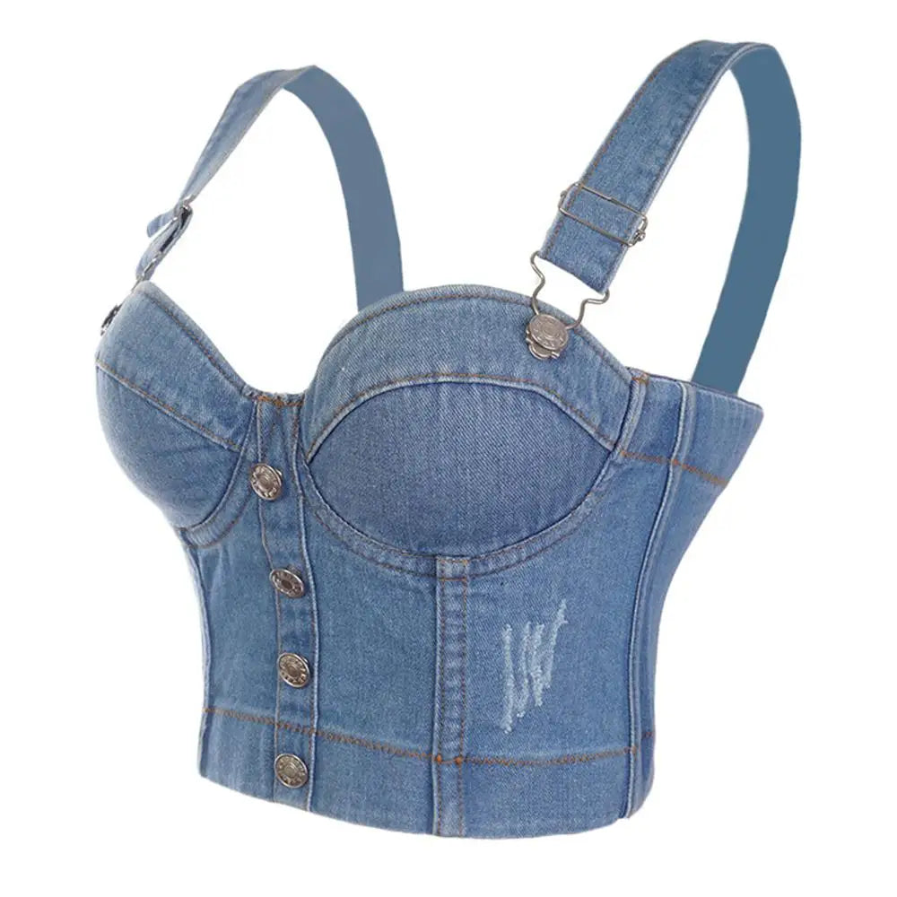 Denim Jean/Rhinestone/Tassel/Gem Embellished Button-Up Cropped Bustier Corset Crop Tank Top