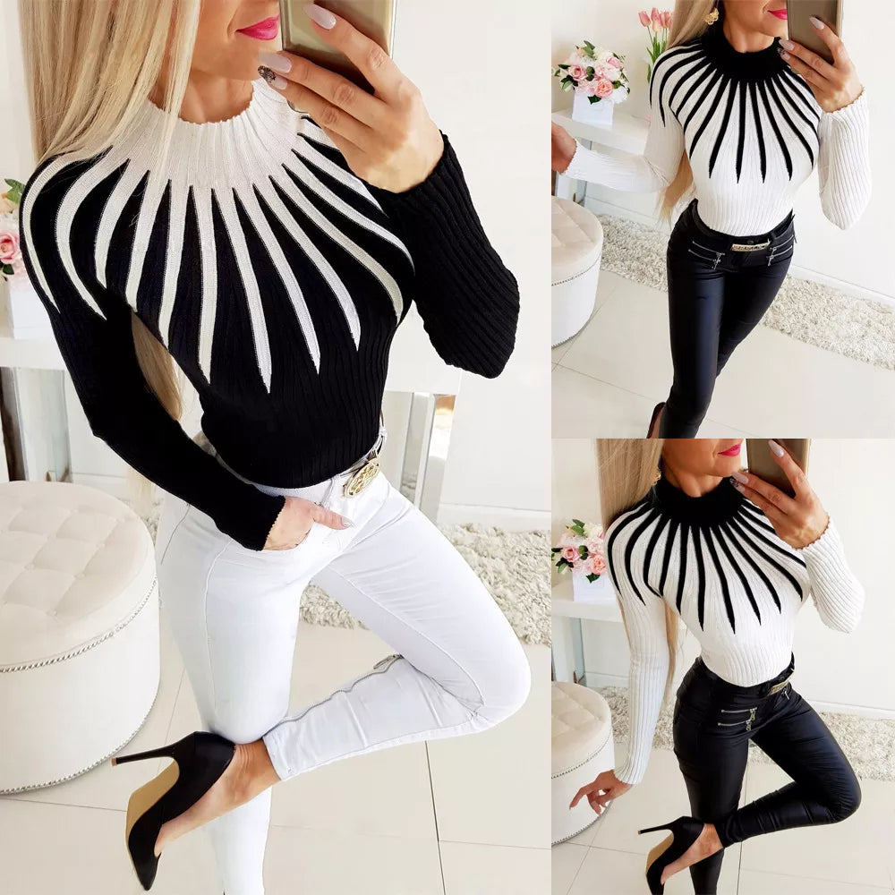 Colorblock Mock Neck Bodycon Ladies Sweater