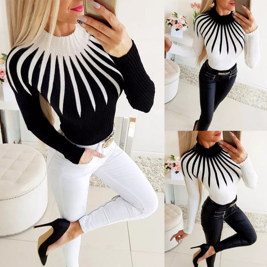 Colorblock Mock Neck Bodycon Ladies Sweater