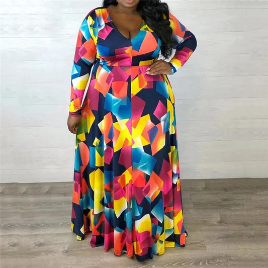 Geometric Multicolored Women's Long Sleeve V-Neck Maxi Dress to 5X