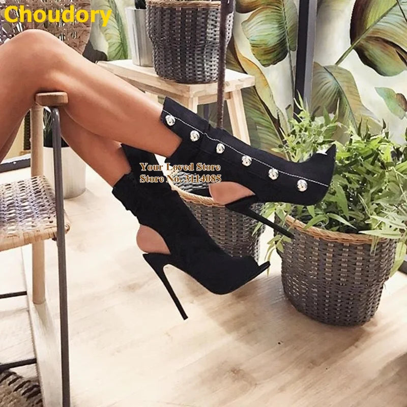 Metal Button Embellished Hollow-Out Open Toe Stiletto Heel Zipper Ankle Boots