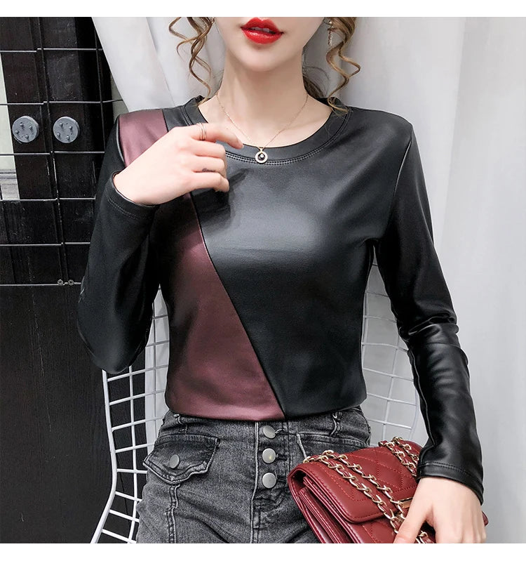 PU Leather O-Neck Colorblock/Solid Velvet Lined Long Sleeve Patchwork Elastic Women's Shirt to 4X Plus Size