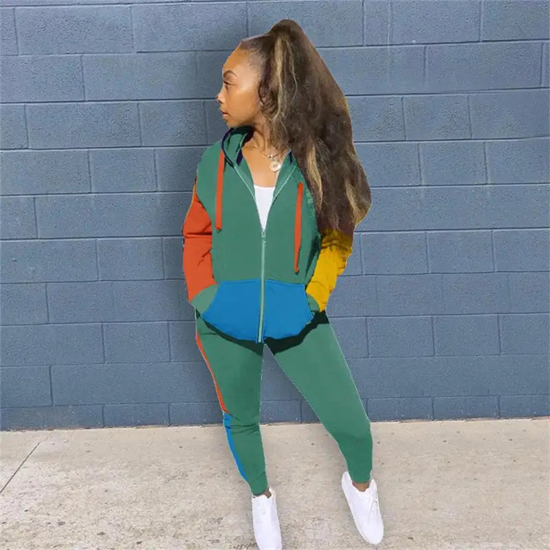 Colorblock Patchwork Women Casual Long Sleeve Zipper Hoodie Jacket + Sweatpants Tracksuit