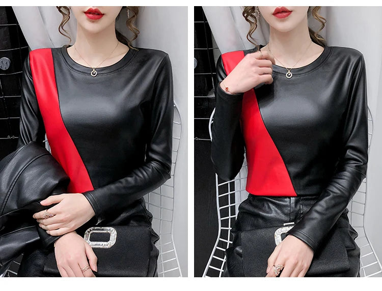 PU Leather O-Neck Colorblock/Solid Velvet Lined Long Sleeve Patchwork Elastic Women's Shirt to 4X Plus Size