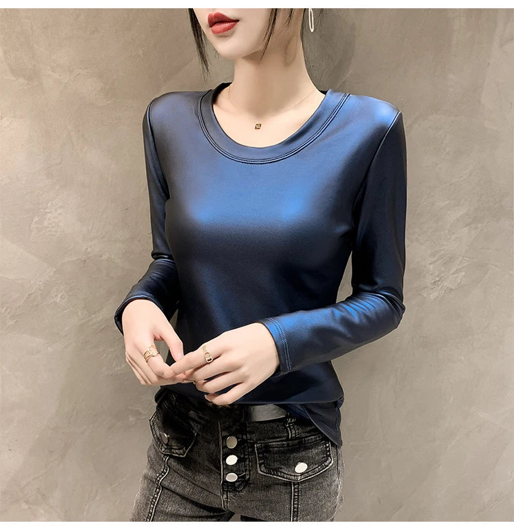 PU Leather O-Neck Colorblock/Solid Velvet Lined Long Sleeve Patchwork Elastic Women's Shirt to 4X Plus Size