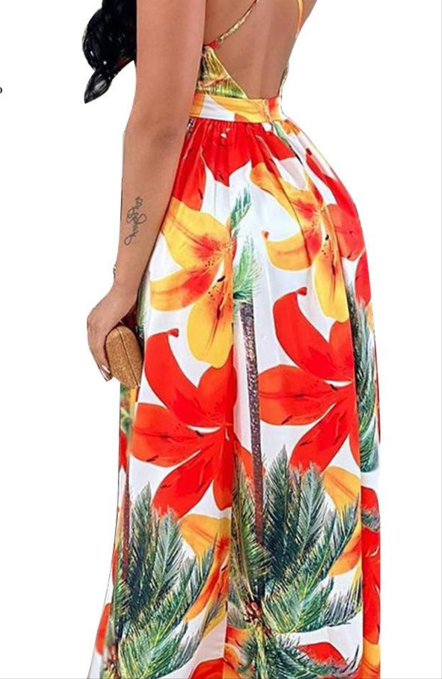 Tropical Floral Print V-Neck Split Long Spaghetti Strap Chiffon Maxi Dress