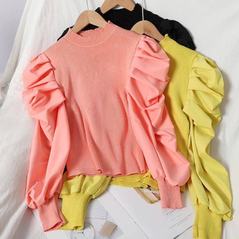 Chiffon Cropped Patchwork Balloon Sleeve Sweater