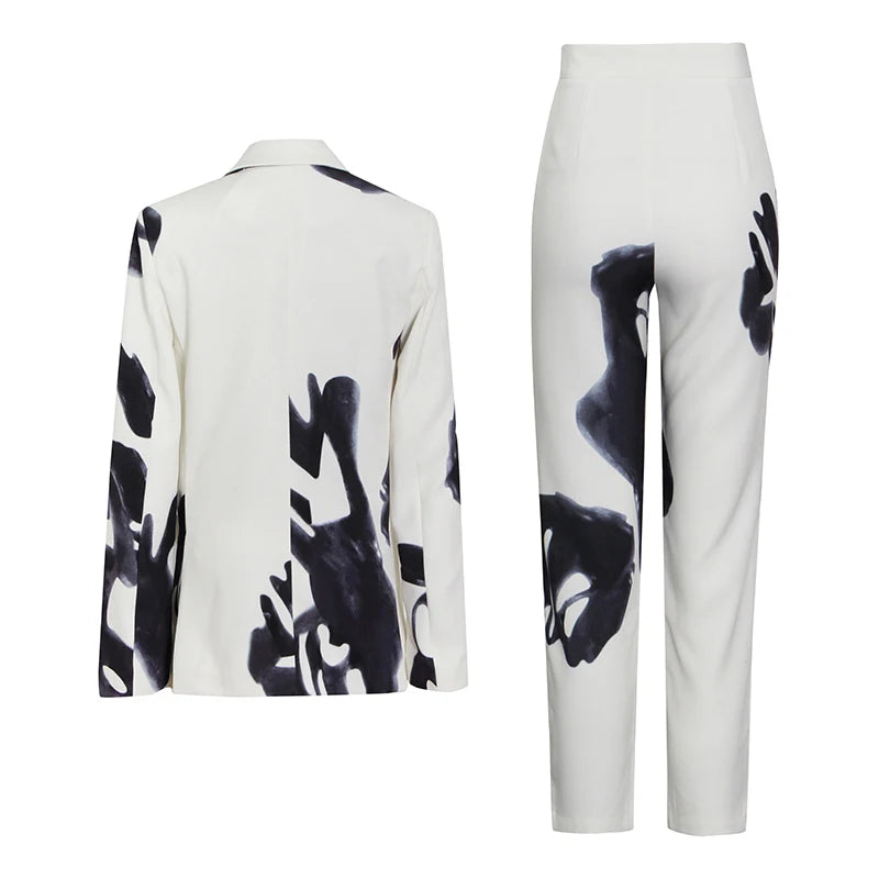 Designer Floral Print Abstract Colorblock Notched Long Sleeve Blazer + High Waist Pants Women's Business Suit