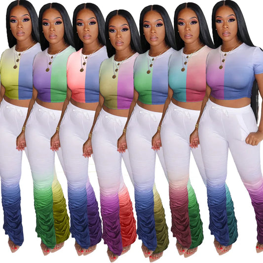 Gradient Button-Up Colorblock Short Sleeve Crop Top + Ruched Stacked Pants 2-Piece Set