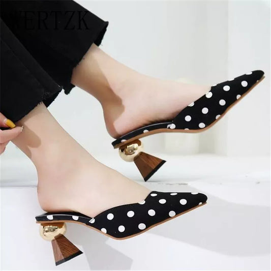 Polka Dot Pointed Toe Metal Heel Mules