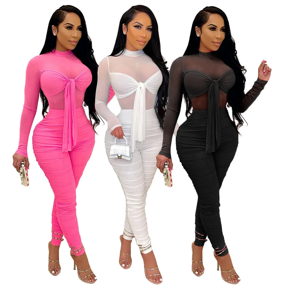 Mesh Sheer Bodycon Long Sleeve Bowtie Skinny Ruched Club Jumpsuit