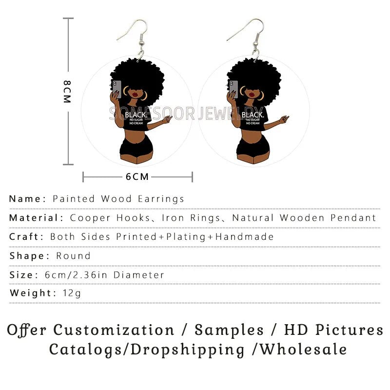 Black Curly No Sugar No Cream Wooden Drop Afro Girl Wood Loop Dangle Earrings