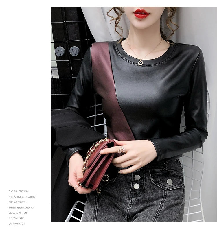 PU Leather O-Neck Colorblock/Solid Velvet Lined Long Sleeve Patchwork Elastic Women's Shirt to 4X Plus Size