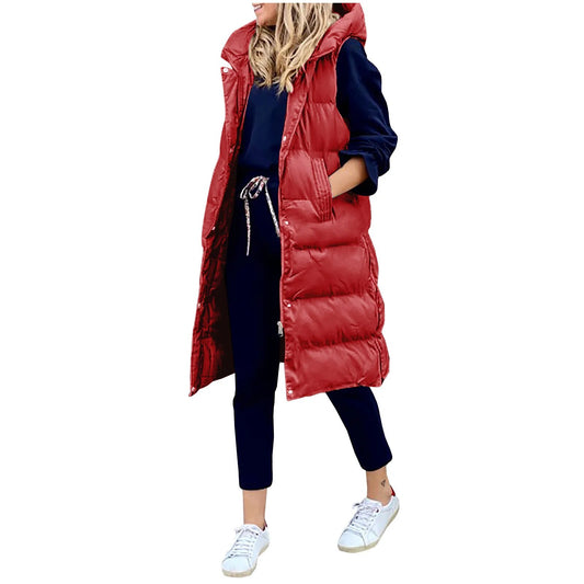 Solid Hooded Sleeveless Down Quilted Ladies Maxi Vest w/ Pockets