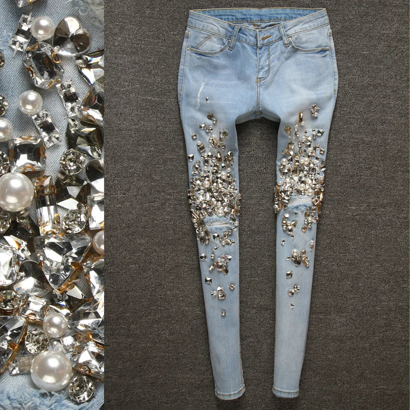 Embellished Women's Beaded Rhinestone Diamond Denim Holey Skinny Pencil Jeans