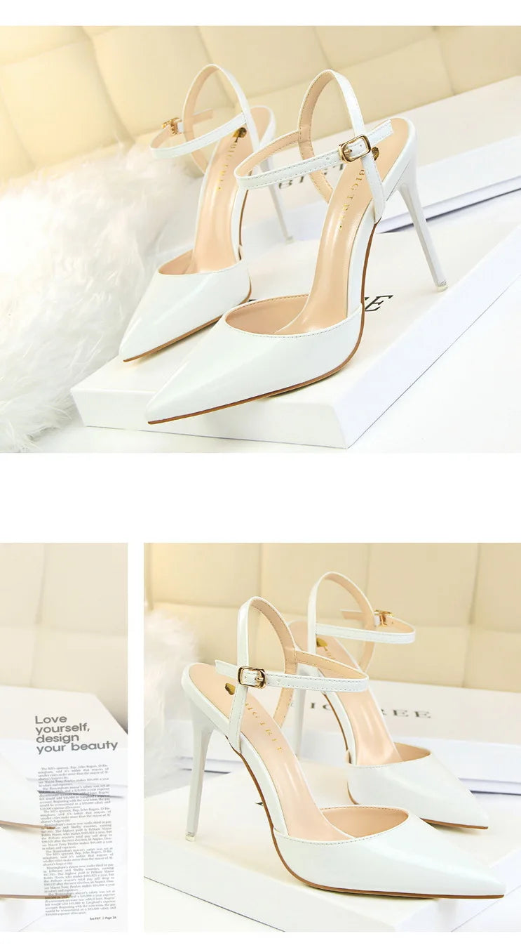Patent Leather Stiletto Heel Buckle Strap Solid Color Sandal Pumps
