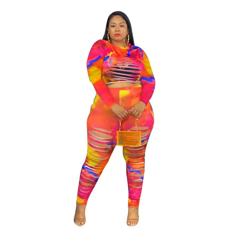 XL-5XL Plus Size Sets Fashion 2022 Hole Tie Dye Long Sleeve 2 Two Piece Pants Suits Sexy Women Outfots Wholesale Dropshipping