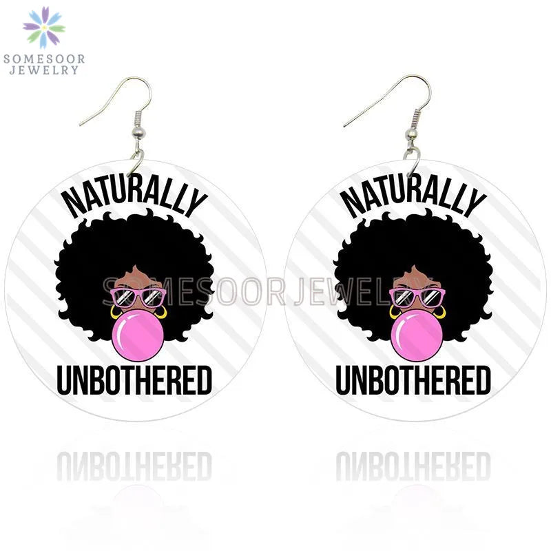 Pink Black Afro Woman Bubble Gum Print Wood Drop Earrings